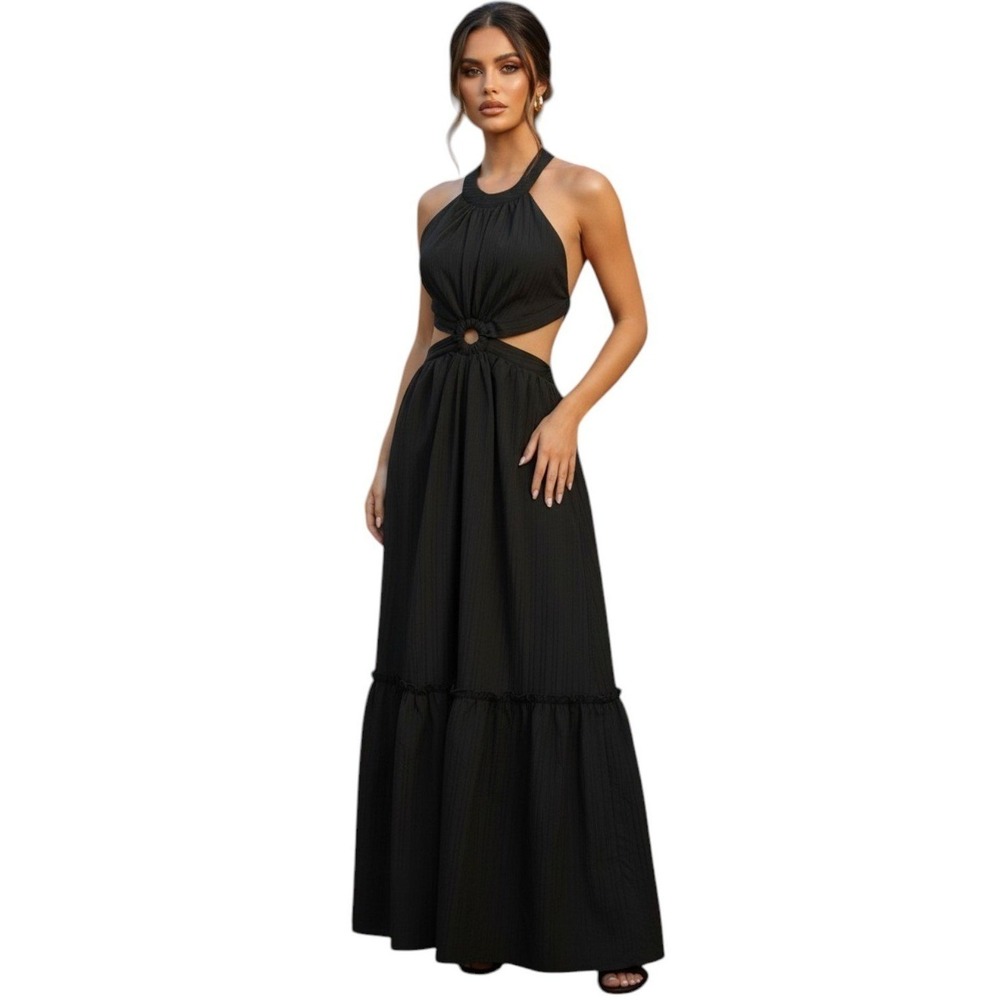 Vestique Black Halter Maxi Dress Homecoming Hollywood Sexy Glam Goth Formal - S